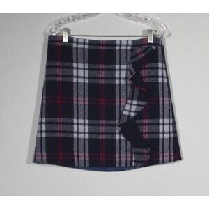 J.Crew Mercantile Women's Navy Red White Plaid Mini Skirt with Side Ruffle Sz 8